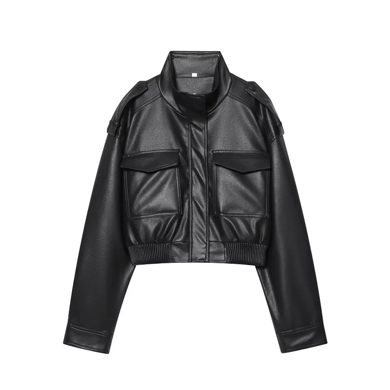 MUJER Faux Leather Cropped Bomber Jacket for Women