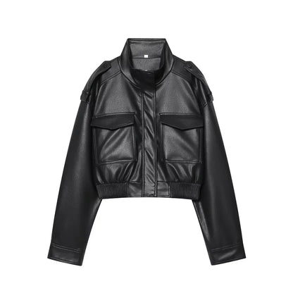MUJER Faux Leather Cropped Bomber Jacket for Women