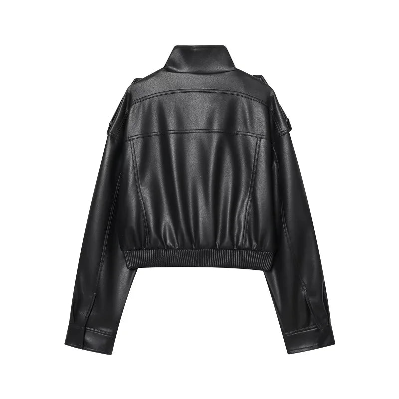 MUJER Faux Leather Cropped Bomber Jacket for Women