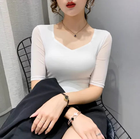 Women Slim Fit Long Sleeve Mesh T-Shirt