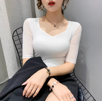 Women Slim Fit Long Sleeve Mesh T-Shirt