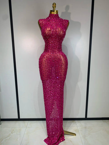 Gold Rhinestone Sleeveless Long Dress for Women