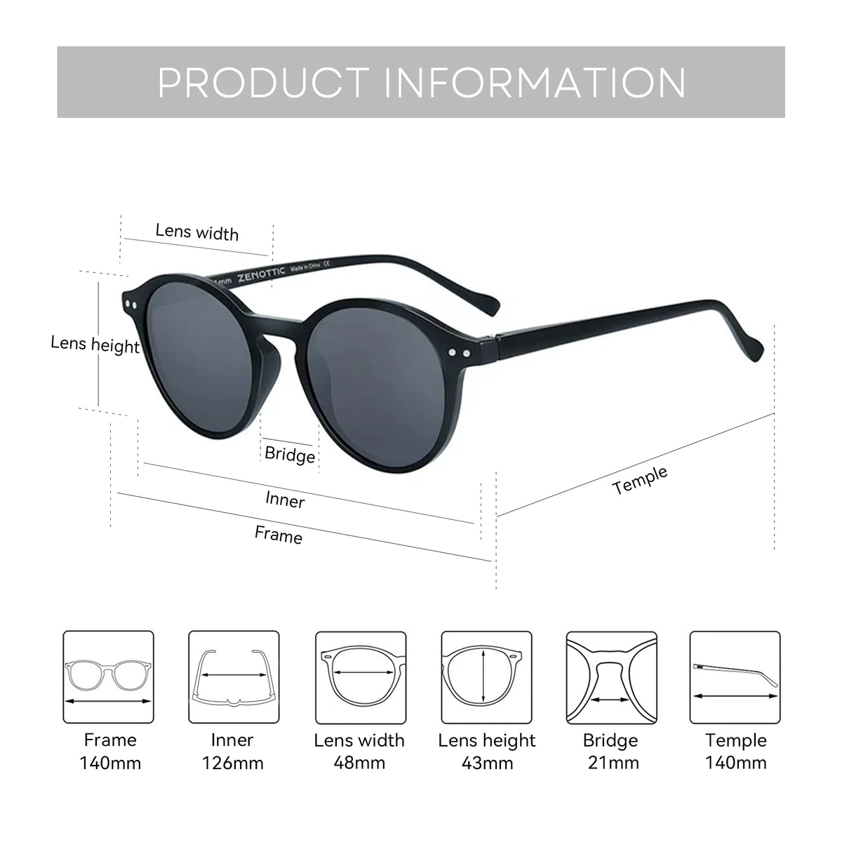 ZENOTTIC Retro Circular Polarized Sunglasses S Size