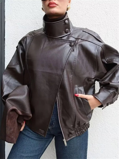 Black Long Sleeve Faux Leather Motorcycle Jacket