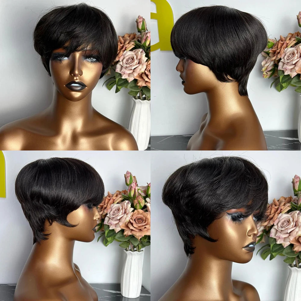 Short Pixie Cut Human Hair Wig with Bangs for Women