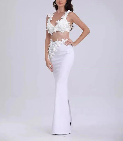 Women White Flowers V-Neck Bodycon Dress Set