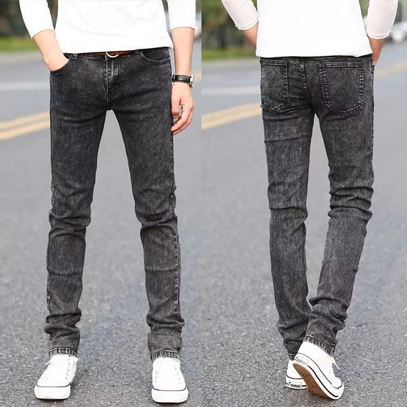 Mens Slim Fit Denim Pencil Pants Black White Stretch Jeans