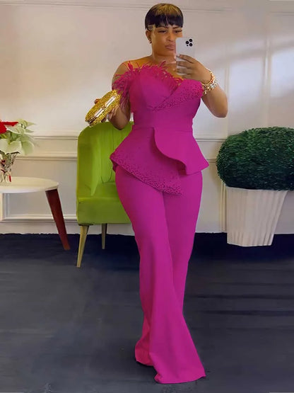 High Waist Strapless Jumpsuit with Rivet Collar for Women