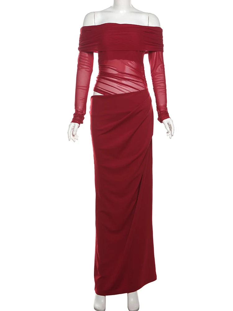 Elegant Slash Neck Ruched Mesh Dress for Women