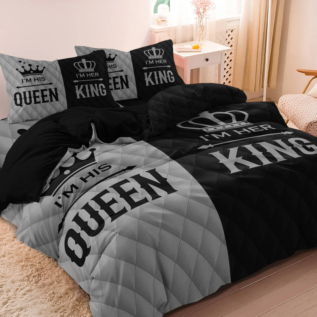 3pcs King and Queen Printed Duvet Cover Set Pink Black