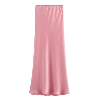 Vintage Satin Solid Long Skirt Women High Waist