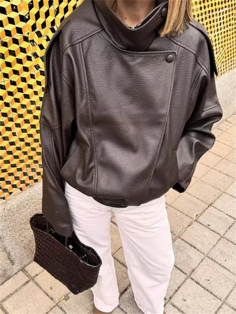 Black Long Sleeve Faux Leather Motorcycle Jacket