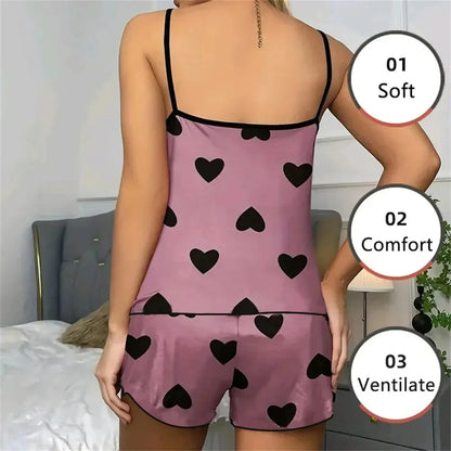 Women's Pink Heart Print Pajama Set Shorts Ice Silk