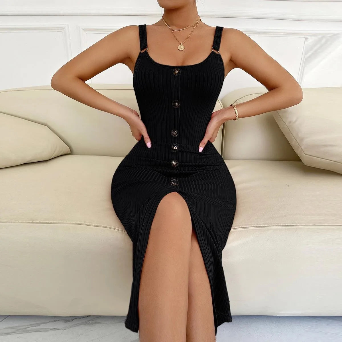 Women's Slim Fit Faux-Button Knit Tank Dress