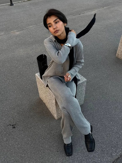 Knit Cardigan Pants Set for Women - Thick and Warm Outfit
