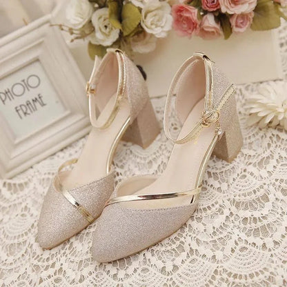 Black High-Heeled Shoes for Women - Silver and Gold