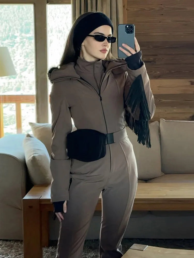 Women's Ski Suit with Fur Hood and Zippers