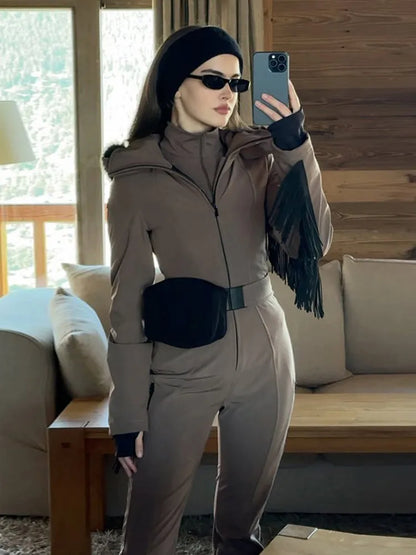Women's Ski Suit with Fur Hood and Zippers