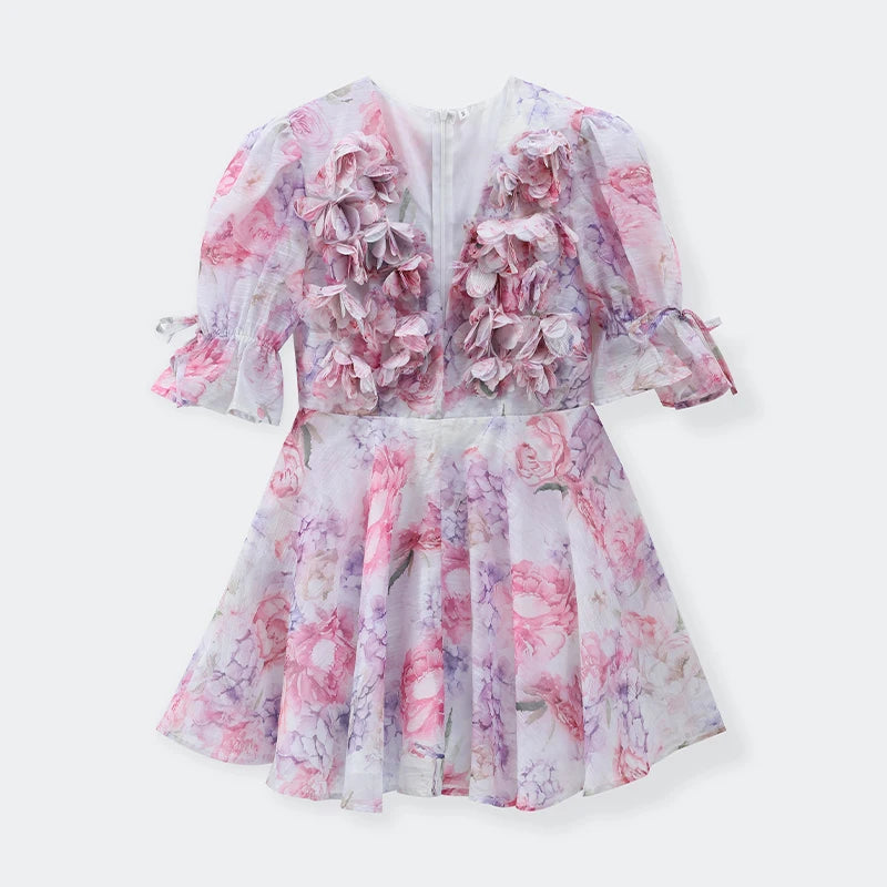 Women Tie-Dye Flower Deep V Neck Flare Sleeve Mini Dress