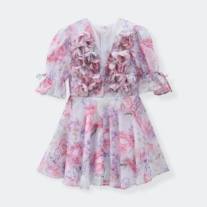 Women Tie-Dye Flower Deep V Neck Flare Sleeve Mini Dress