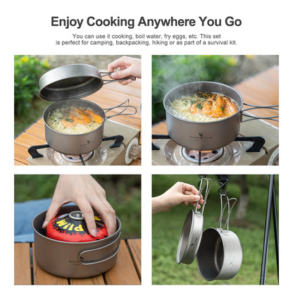 Titanium Pot Pan Set with Folding Handles for Camping