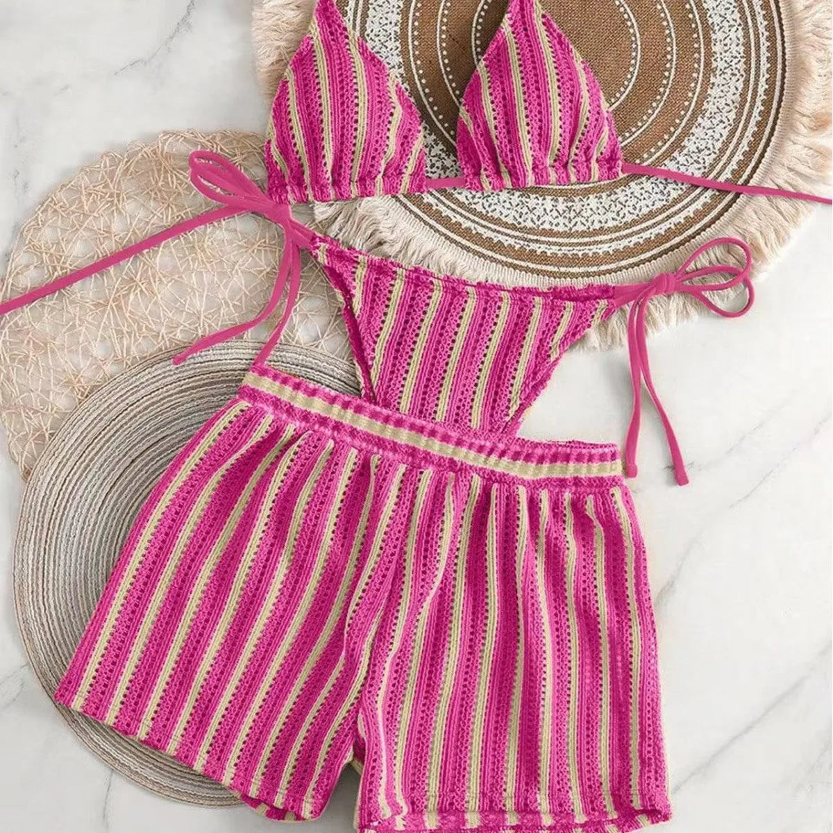 Mesh Three-Piece Women's Swimsuit with Lace-Up Detail