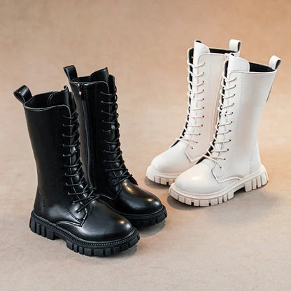 Black Mid Boots for Girls with Square Heel and Zip Closure