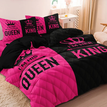 3pcs King and Queen Printed Duvet Cover Set Pink Black