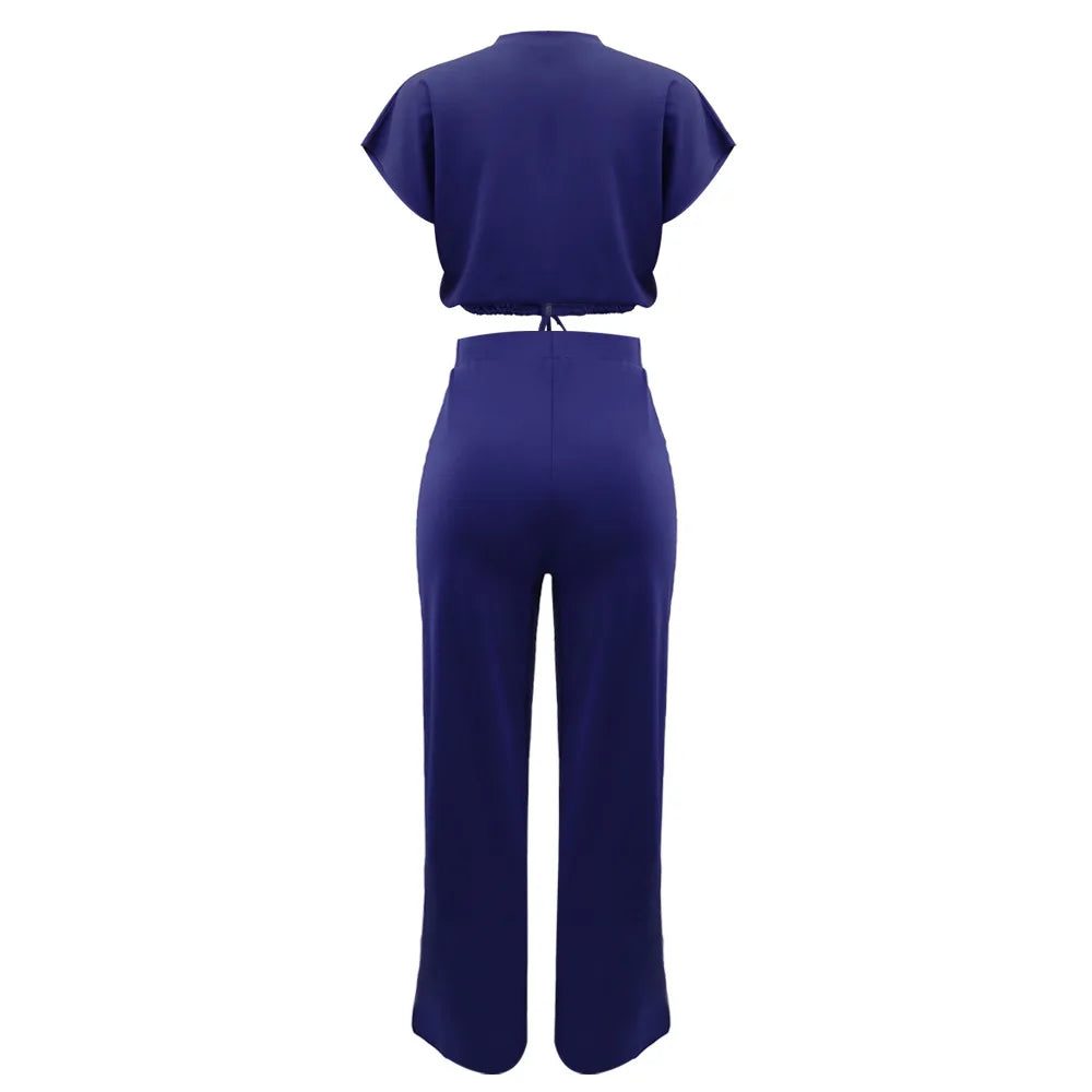 Women Casual Short Sleeve Drawstring Top and High Waist Pants Set