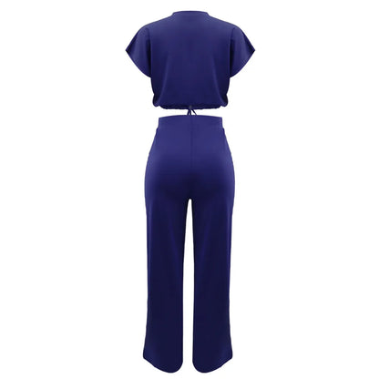 Women Casual Short Sleeve Drawstring Top and High Waist Pants Set