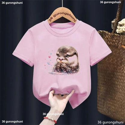 Kawaii Otter Love Printed T-Shirt for Kids