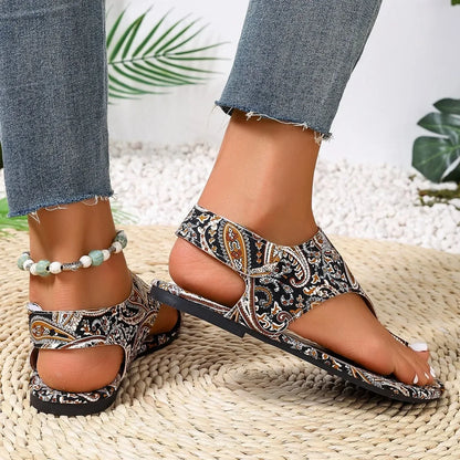 Women Flat Sandals Printed Bohemia Roman Style Shoes