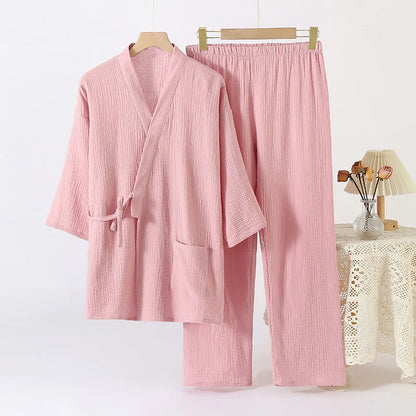 Cotton Couple Kimono Robes with Long Trousers Set