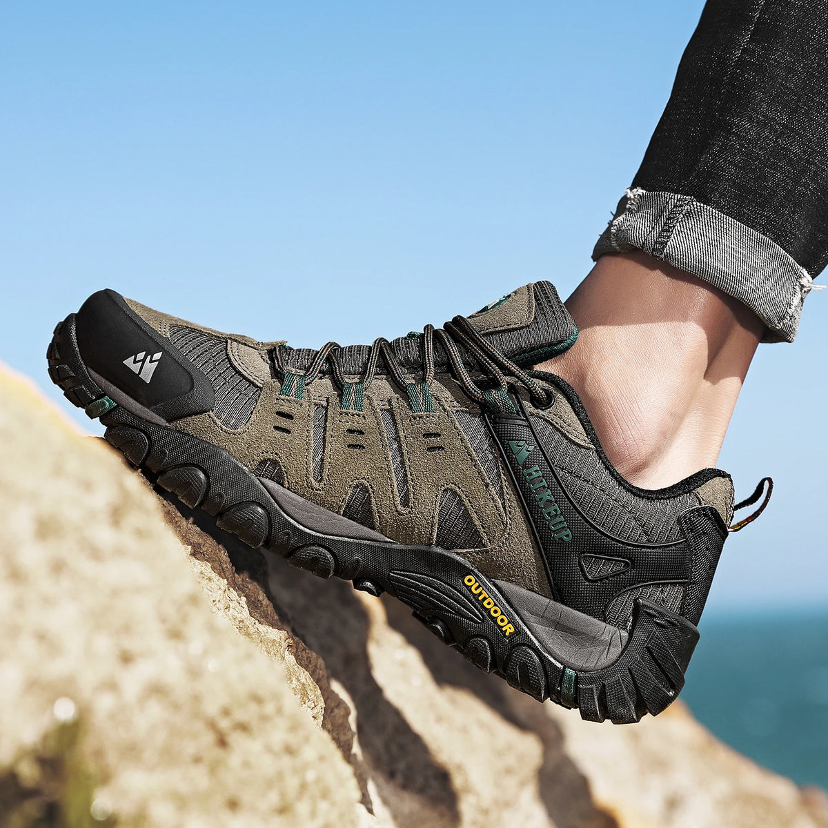 HIKEUP Men's Suede Leather Hiking Shoes Black Gray Khaki