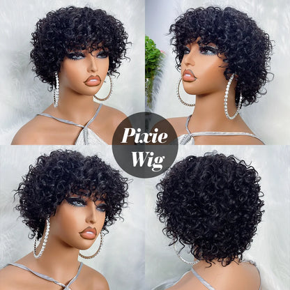 Pixie Cut Afro Curly Human Hair Wig with Bangs