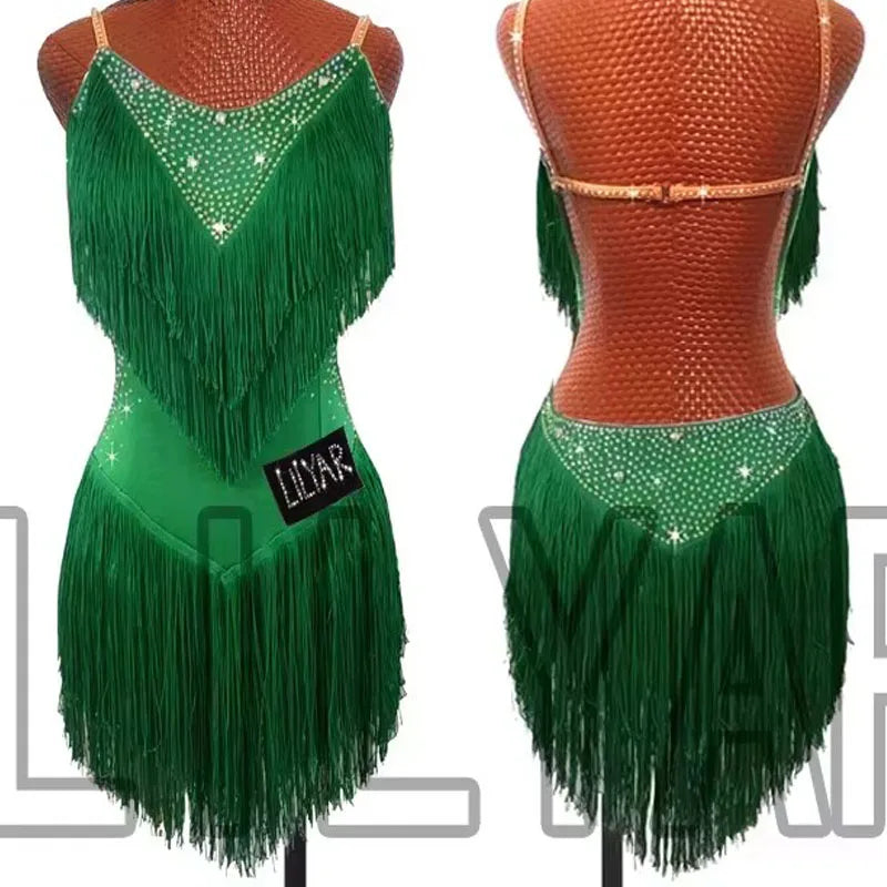 Latin Dance Dress with Rhinestones and Tassels in Red and White