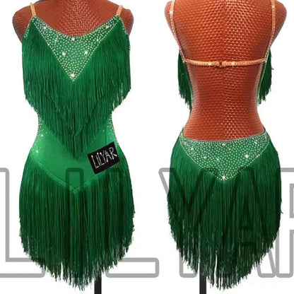 Latin Dance Dress with Rhinestones and Tassels in Red and White