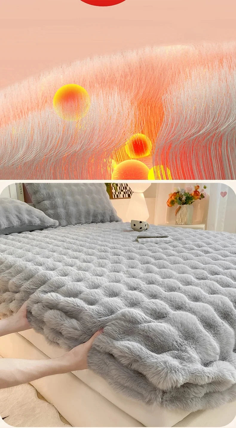 Fluffy Plush Fitted Bed Sheet Rabbit Fleece Solid Color