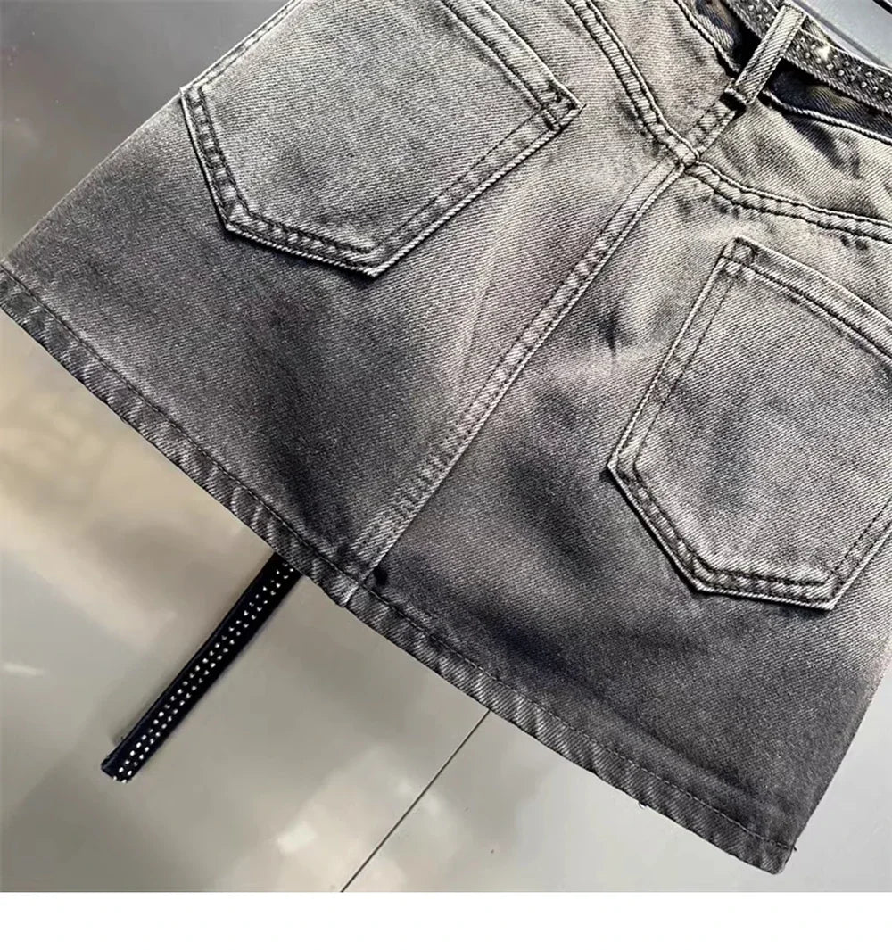 Oversize Diamond Denim Mini Skirt Women Gradient Black Grey