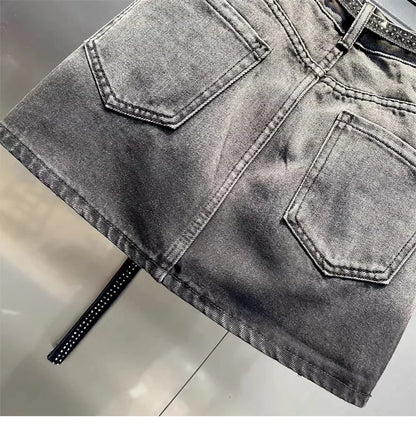Oversize Diamond Denim Mini Skirt Women Gradient Black Grey