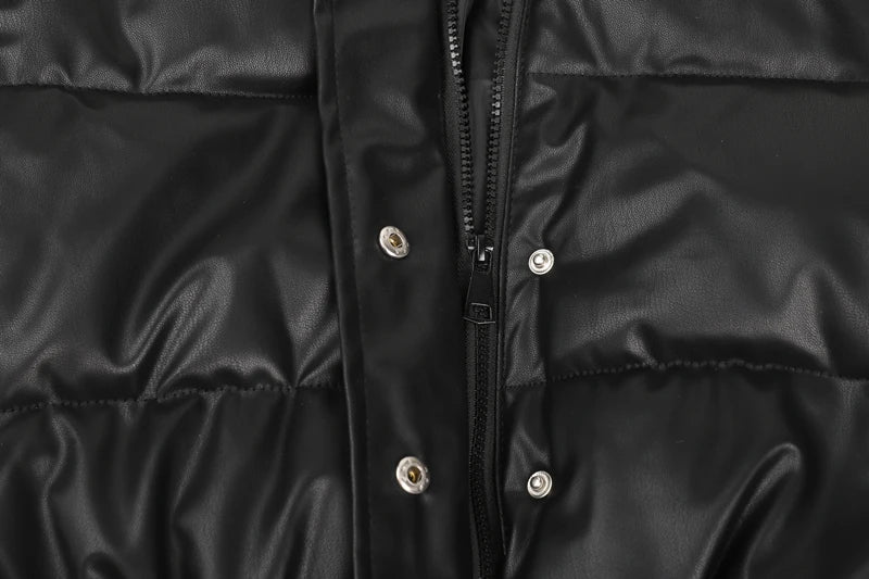 Black PU Leather Women's Winter Parka Jacket