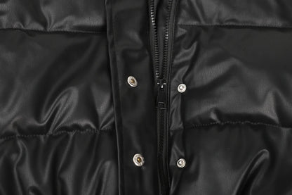 Black PU Leather Women's Winter Parka Jacket