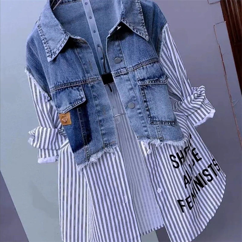 Splicing Denim Jacket Women Casual Jean Coat