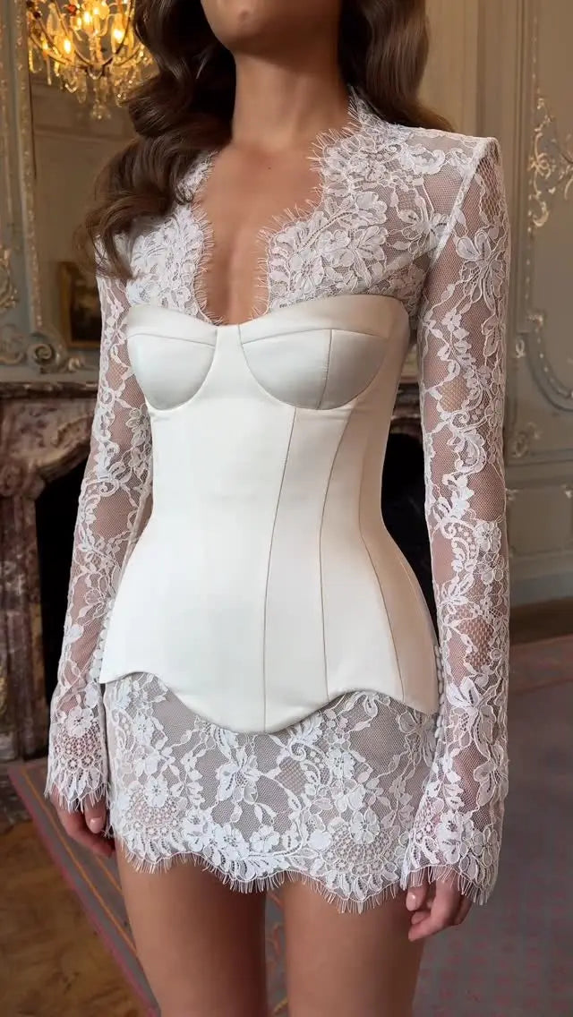 Lace Mini Dress for Women with Corset and Long Sleeves