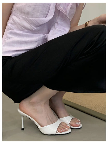 Thin High Heels Open Toe Slides Women Patent Leather Sandals