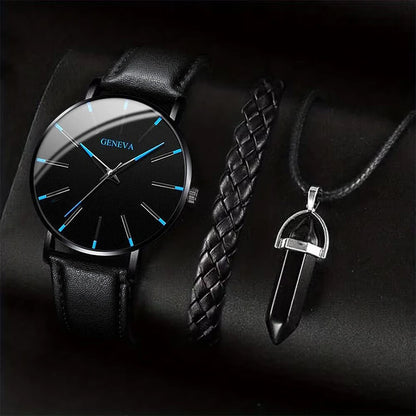 Men's Quartz Watch Set with Leather Band and Accessories