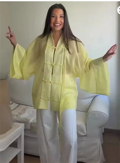 Women's Yellow Long Sleeve Shirt with Knot Decoration
