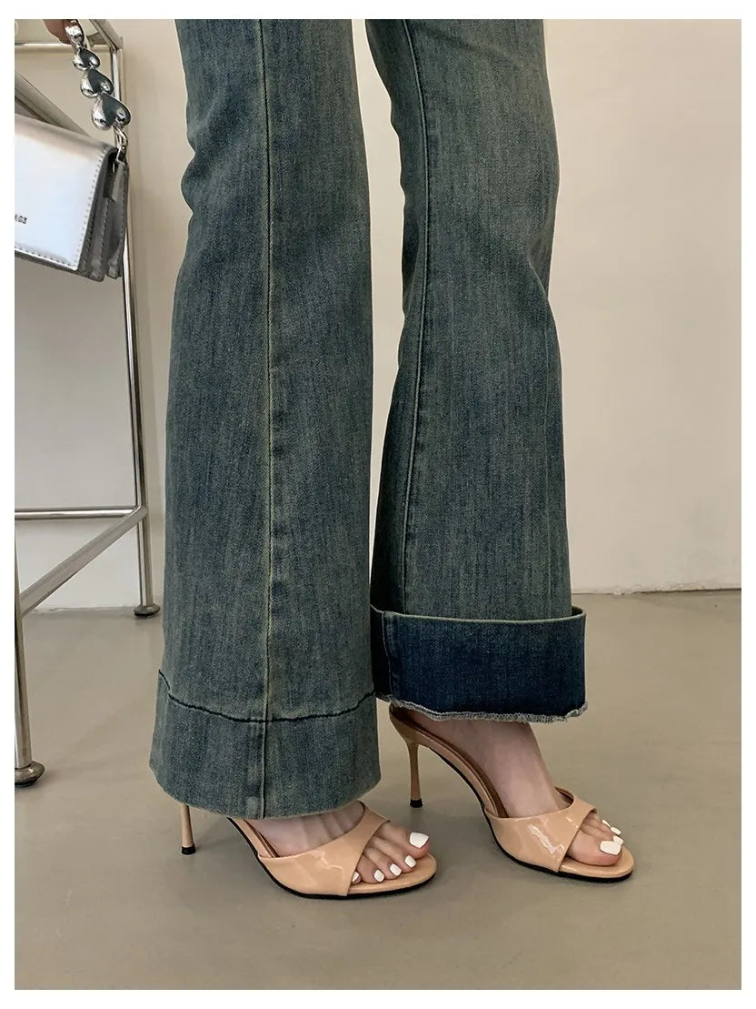 Thin High Heels Open Toe Slides Women Patent Leather Sandals