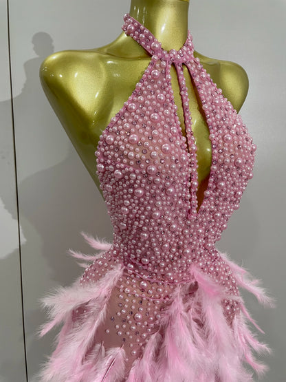 Luxury Rhinestones Pearls Feathers Halter Backless Dress