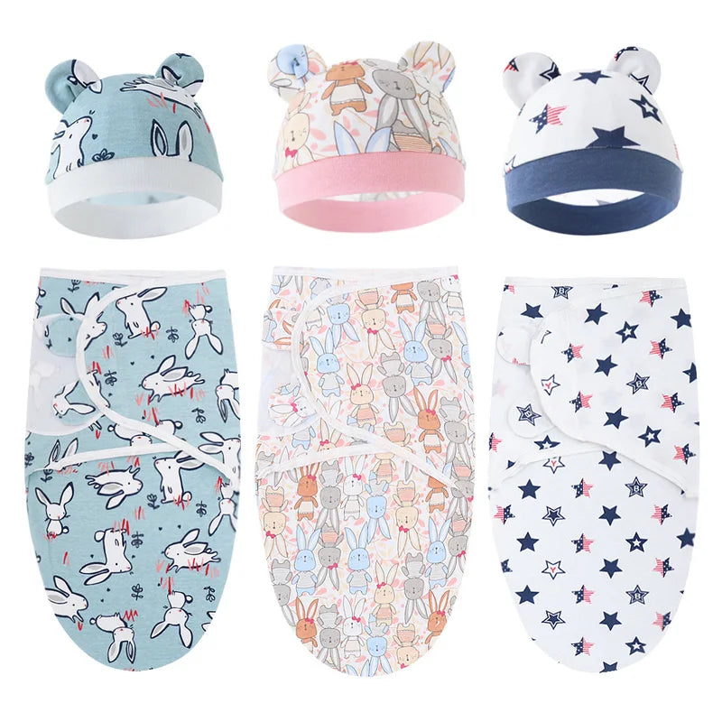Cartoon Printed Cotton Baby Blanket Hat Set